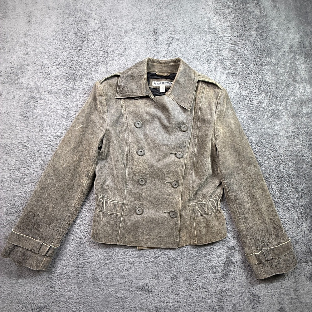 VTG Y2K Express Womens Distressed Leather Jacket Double Breasted 12 Crackle